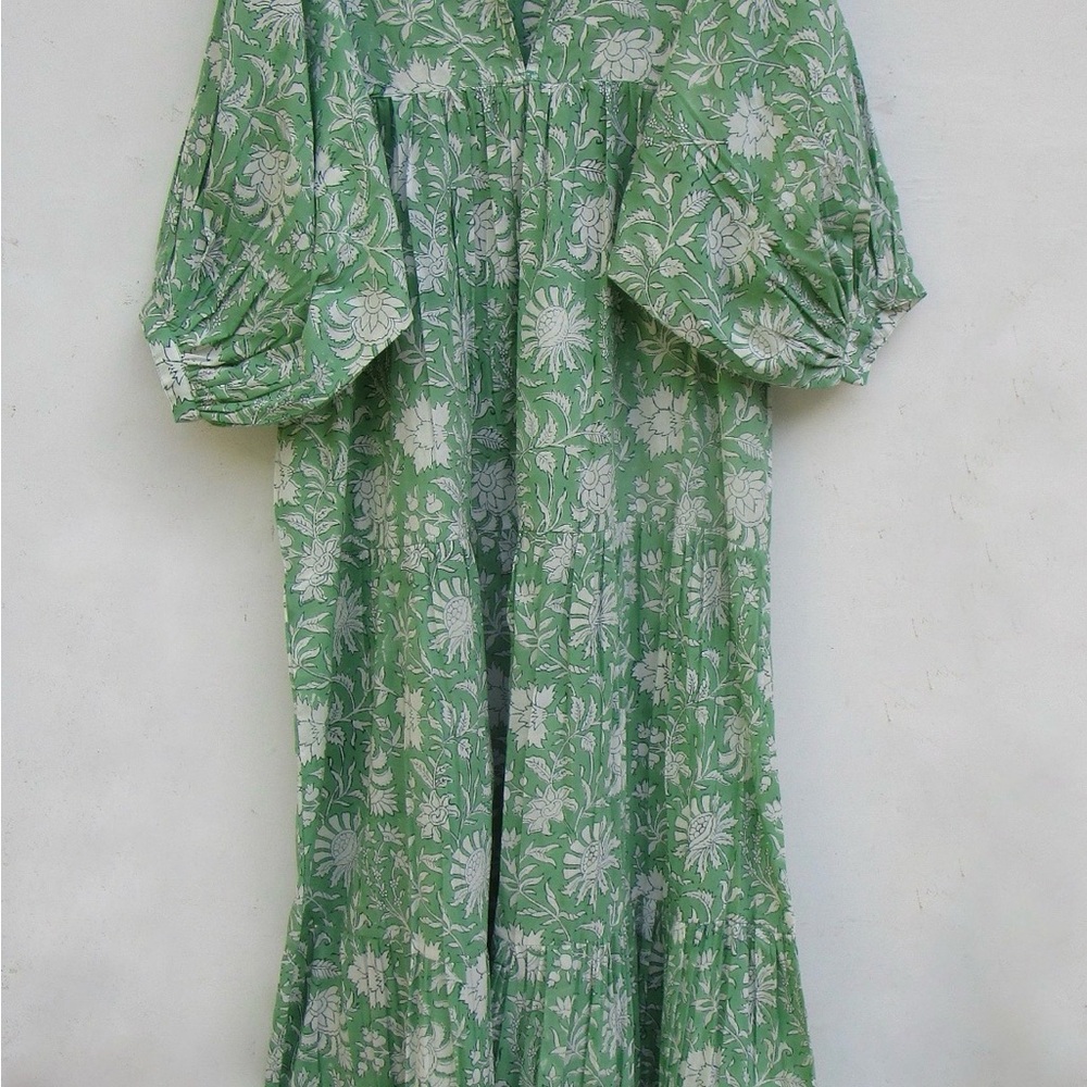 Green Block Print Floral Maxi Dress